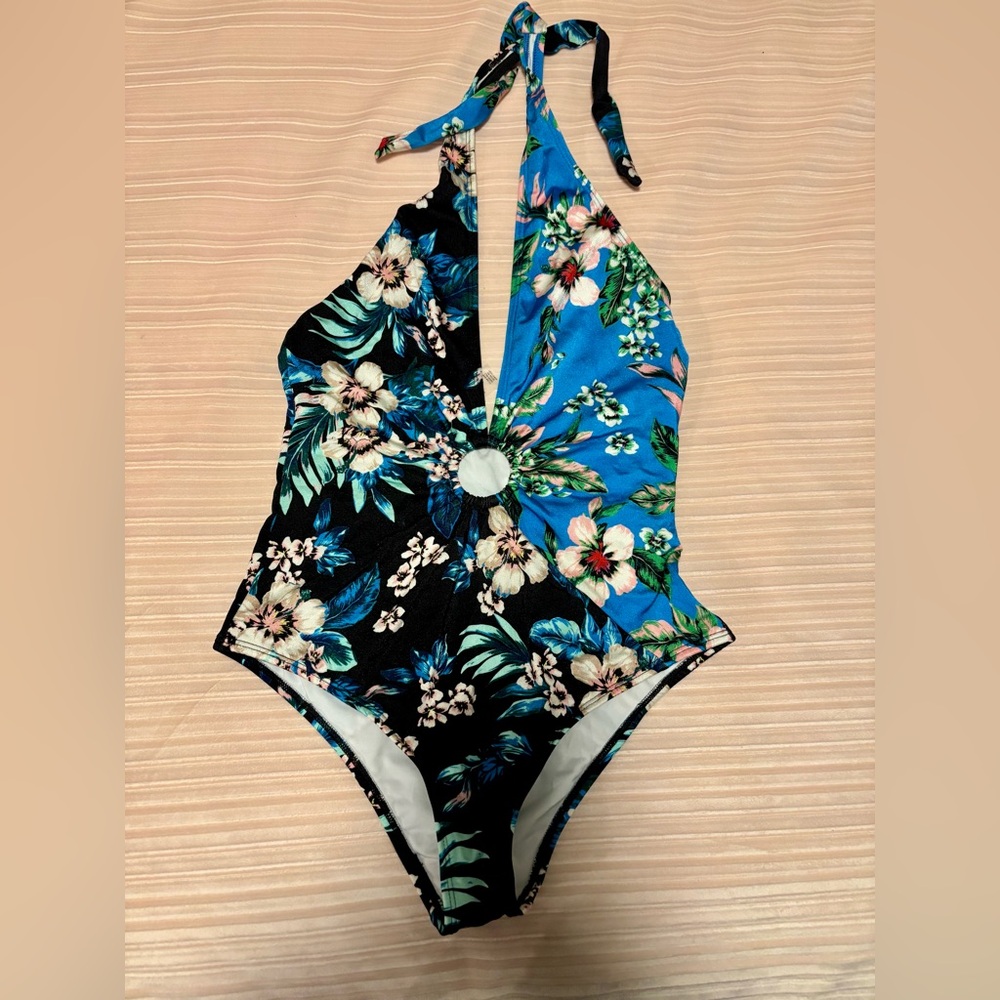 Diane Von Furstenberg Blue and Black Floral Women’s One Piece Swimsuit Size S